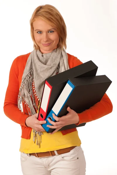 Attractive young girl carries file folders — Stock Photo, Image