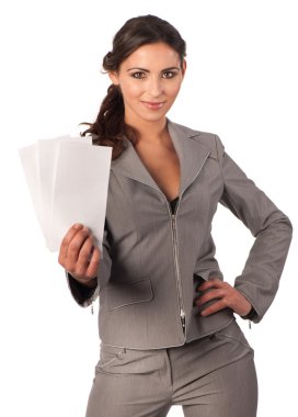 Young cute business woman with coupons in her hands clipart