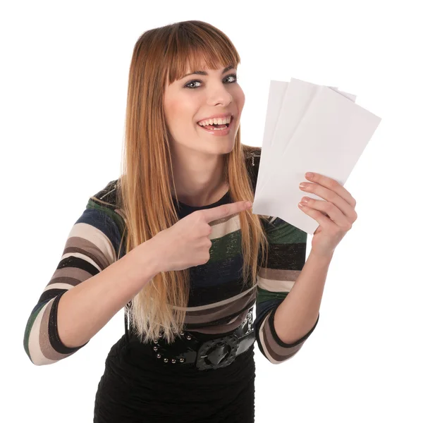 Young cute business woman with coupons in her hands — Stock Photo, Image