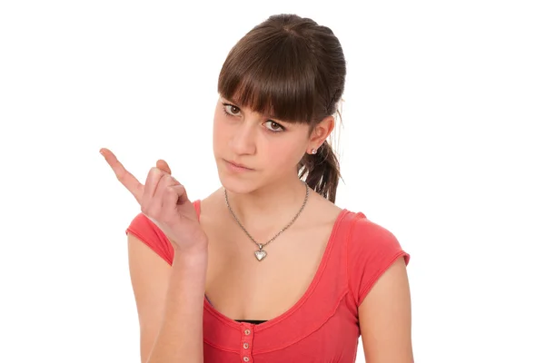 Portrait of cute teenage girl gesturing naughty sign isolated ov — Stock Photo, Image