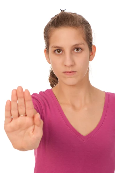 Привлекательная девушка-подросток жестикулирует знак "стоп" — стоковое фото