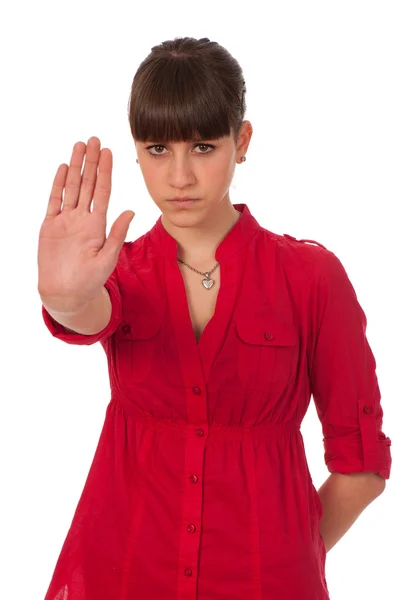 Menina adolescente atraente gestos sinal de parada — Fotografia de Stock
