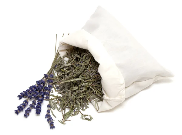 stock image Dried lavender lrafs in a cotton bag