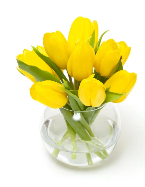 유리 꽃병에 노란 튤립 — 스톡 사진