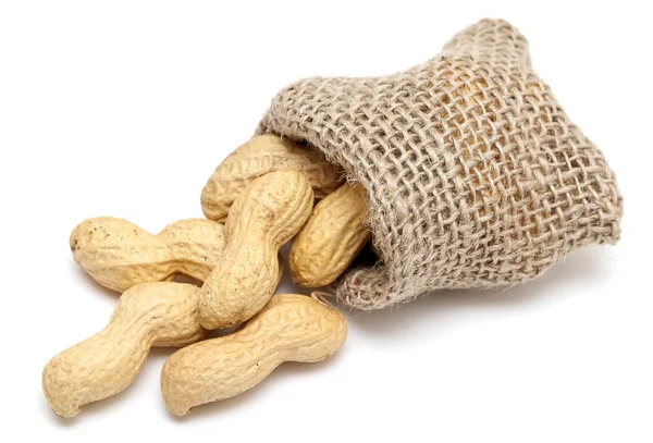 Jordnötter i en miniatyr säckväv säck — Stockfoto