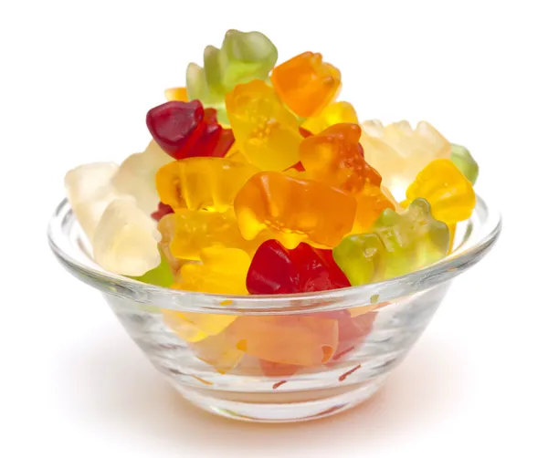 Gummy bear candies in a glass bowl — Stock Photo, Image