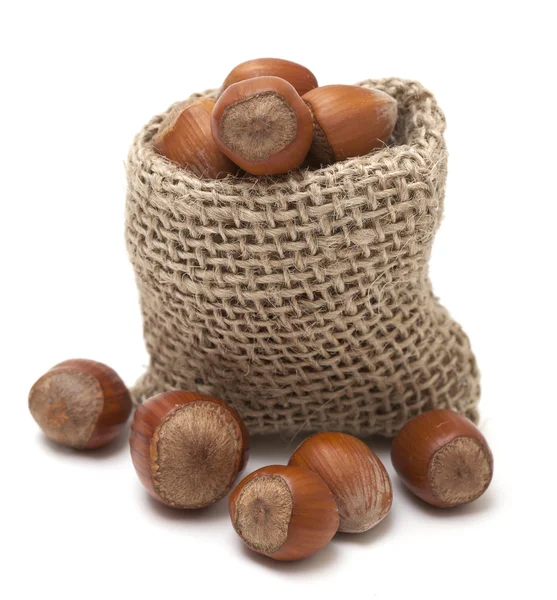 Lískové ořechy v pytli miniaturní izolované na bílém — Stock fotografie
