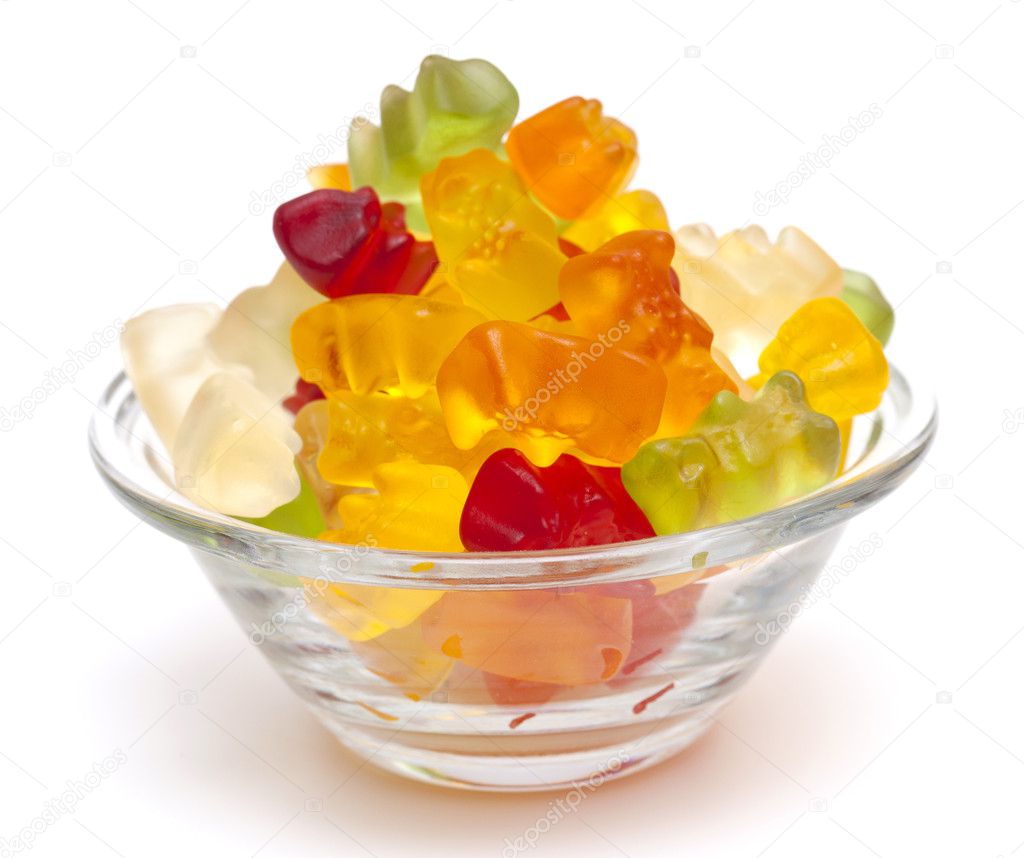 Gummy bear candies in a glass bowl