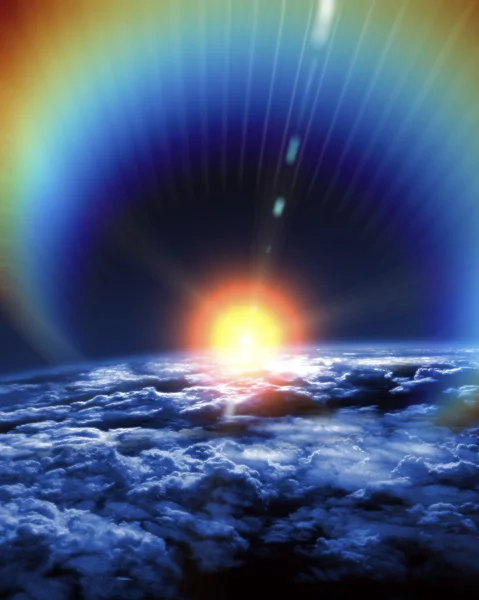 Soluppgång över jorden med flare — Stockfoto