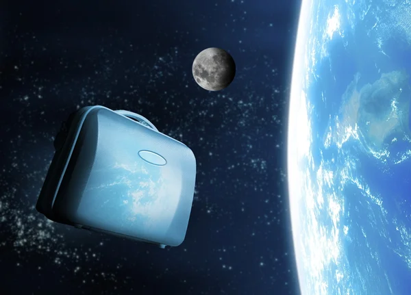 Suitcase floating in space