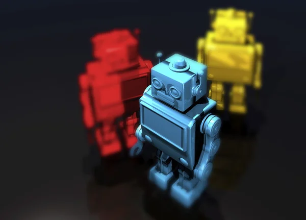 3 robots in bright colors