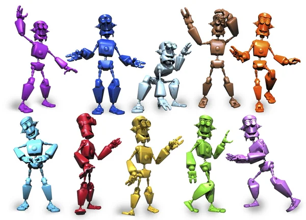 Multi colored robots in various poses — Stock Photo, Image