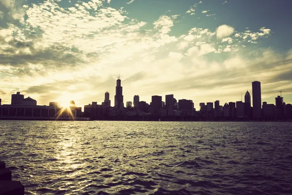 Winter sun setting over the skyline of Chicago