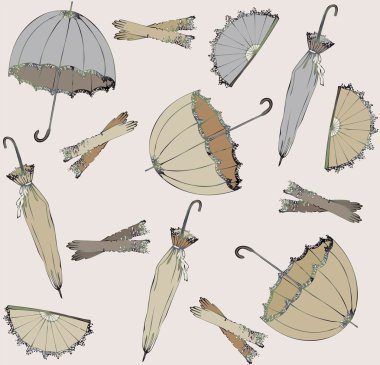 Illustration of vintage umbrella, fan, glove. Seamless background fashionable modern wallpaper or textile. clipart