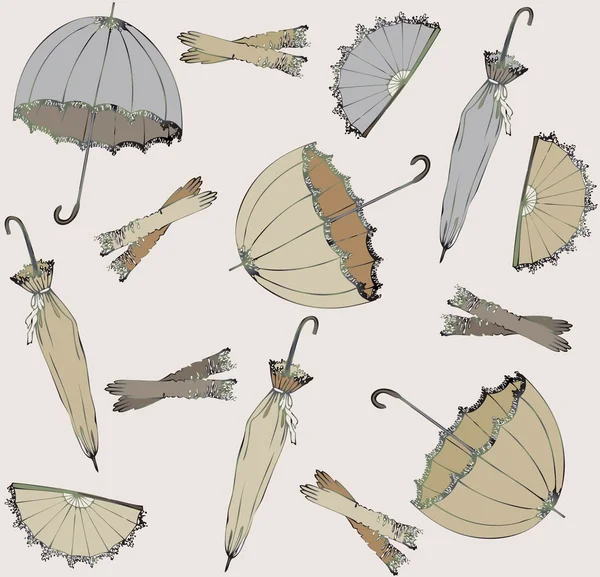 Ilustración de paraguas vintage, abanico, guante. Fondo de pantalla moderno sin costuras de moda o textil . — Vector de stock