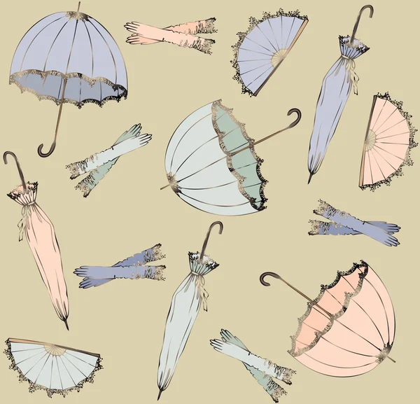 Ilustração de guarda-chuva vintage, ventilador, luva. Fundo sem costura elegante moderno papel de parede ou têxtil . —  Vetores de Stock
