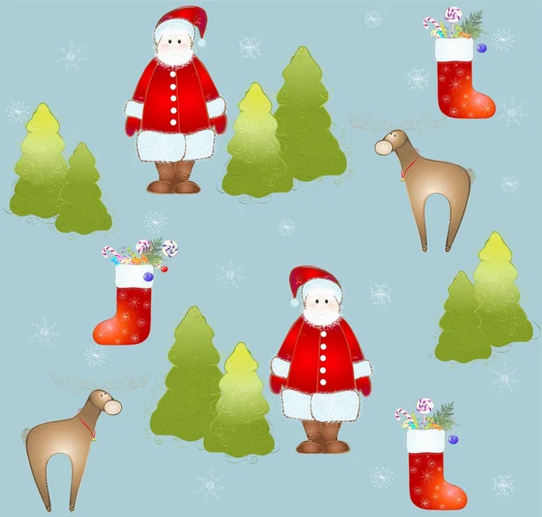 Fondo sin costuras.Ilustración Santa y ciervos y árboles de piel y copos de nieve — Vector de stock