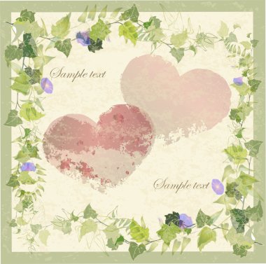 Vintage greeting card with wild ivy and hearts. clipart