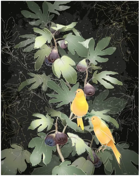 Ilustracja kanarków siedzi na drzewie figowym. kartkę z życzeniami z drzewa figowego i Wyspy Kanaryjskie. — Wektor stockowy