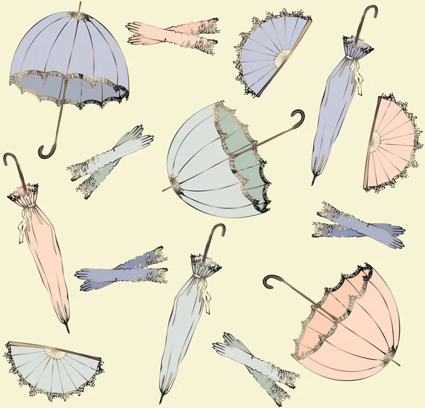 Ilustrace vintage deštník, ventilátor, rukavice. bezešvé pozadí módní moderní tapety nebo textilní. — Stockový vektor