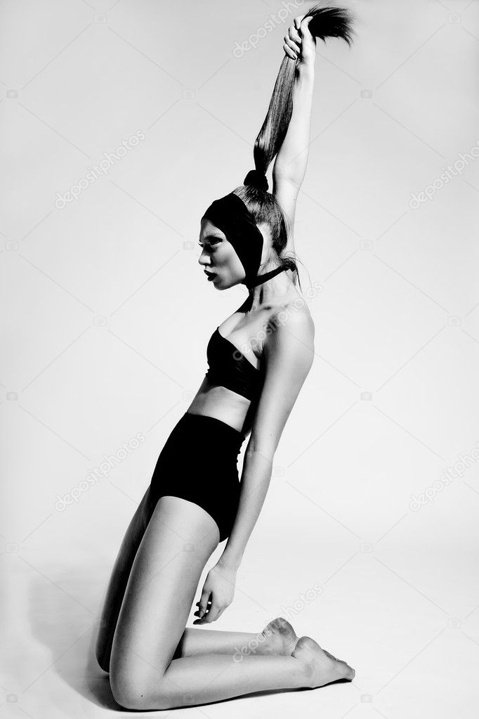 Bright funky black and white photo of fashion model