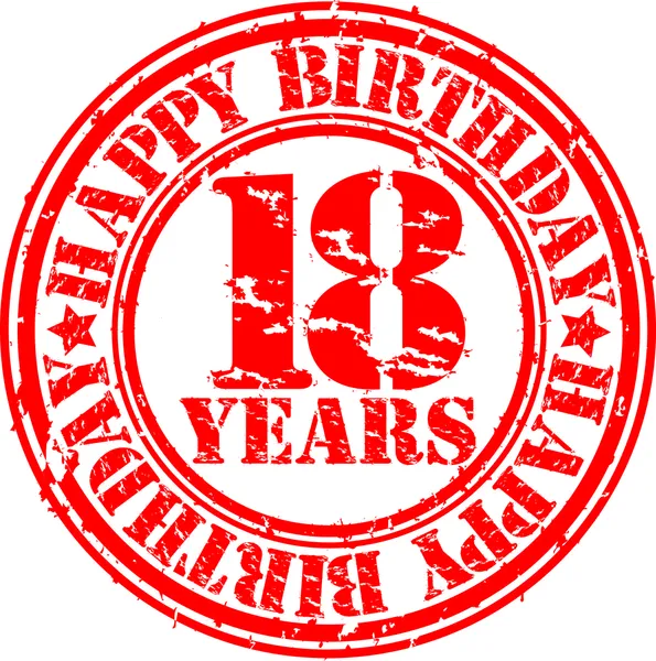 Grunge 18 anos feliz aniversário selo de borracha, ilustração vetorial — Vetor de Stock