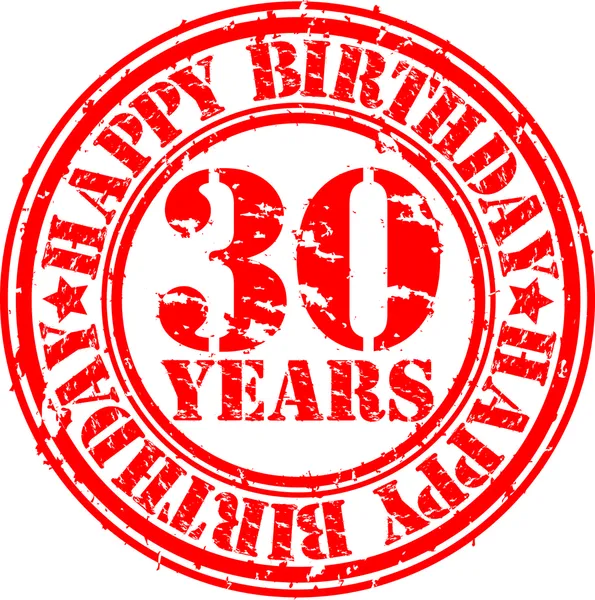 Grunge 30 anni felice compleanno timbro di gomma, illustrazione vettoriale — Vettoriale Stock
