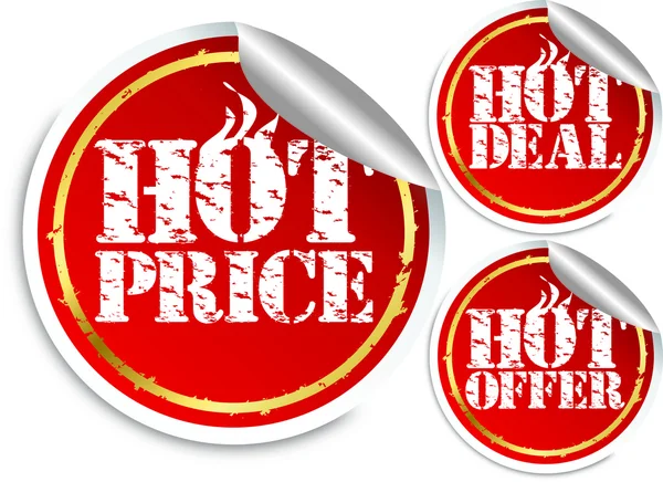 Grunge oferta caliente, precio caliente y oferta caliente etiqueta engomada, vector de ilustración — Vector de stock
