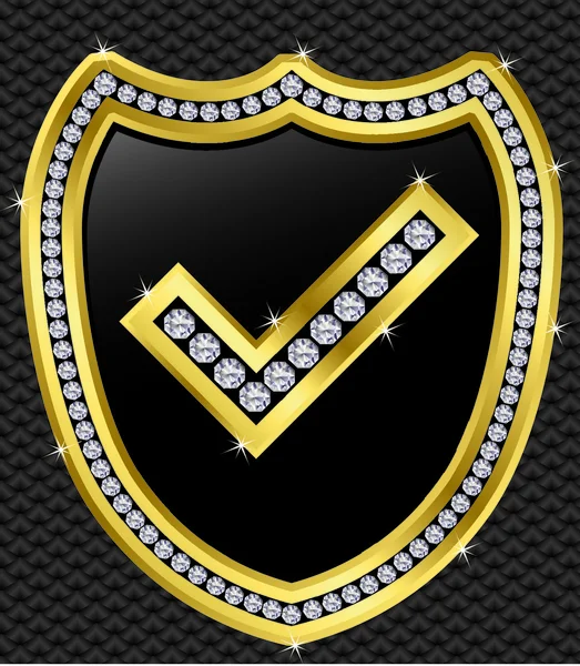 Marca de verificación en el escudo de protección, dorado con diamantes — Vector de stock