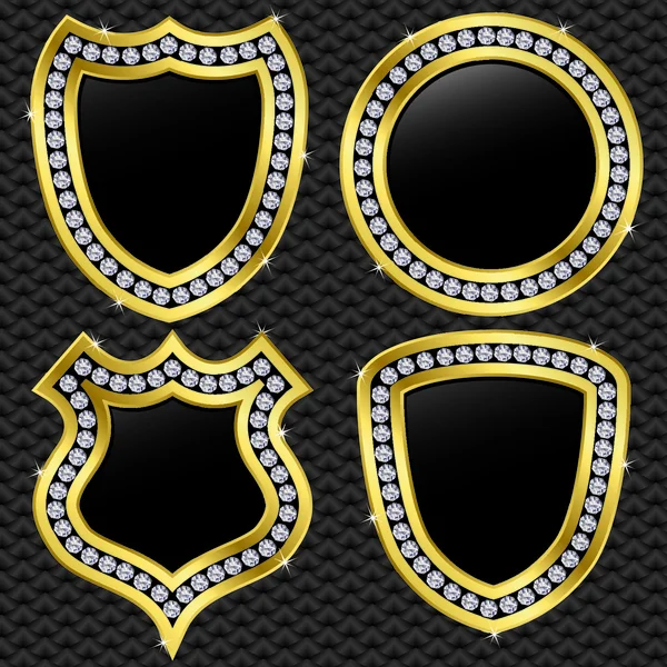 Ensemble de boucliers dorés, bouclier de protection avec diamants, illustration vectorielle — Image vectorielle