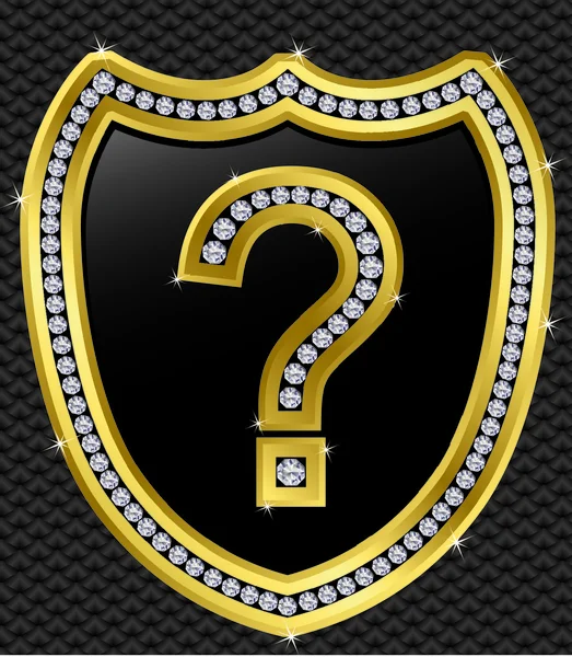 Signo de interrogación en escudo de protección, dorado con diamantes — Archivo Imágenes Vectoriales
