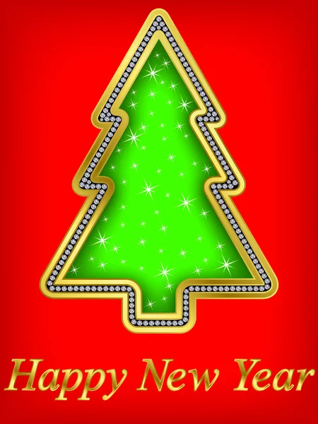 Happy new year tree, golden with diamonds, vector illustartion — Stock Vector