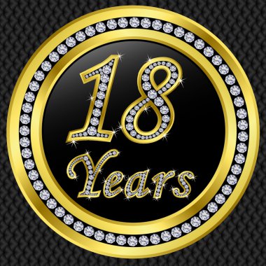 18 years anniversary, happy birthday golden icon with diamonds, vector illu clipart