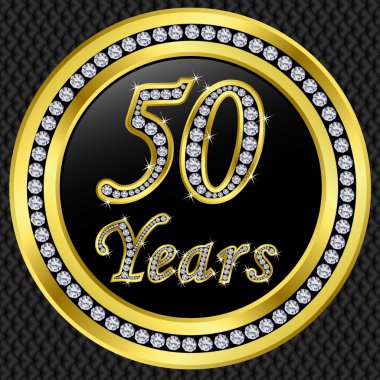 50 years anniversary, happy birthday golden icon with diamonds, vector illu clipart