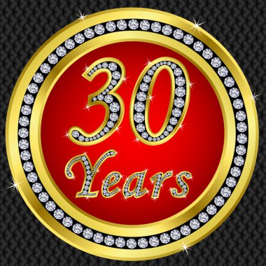 30 years anniversary, happy birthday golden icon with diamonds, vector illu clipart