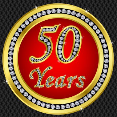 50 years anniversary, happy birthday golden icon with diamonds, vector illu clipart