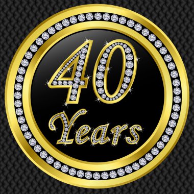 40 years anniversary, happy birthday golden icon with diamonds, vector illu clipart