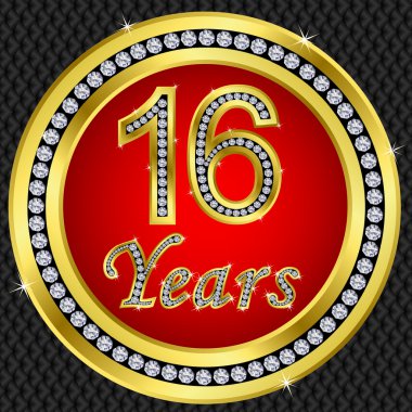 16 years anniversary, happy birthday golden icon with diamonds, vector illu clipart