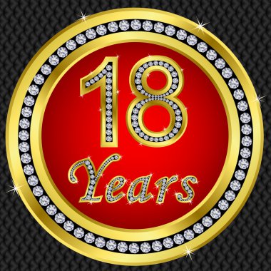 18 years anniversary, happy birthday golden icon with diamonds, vector illu clipart