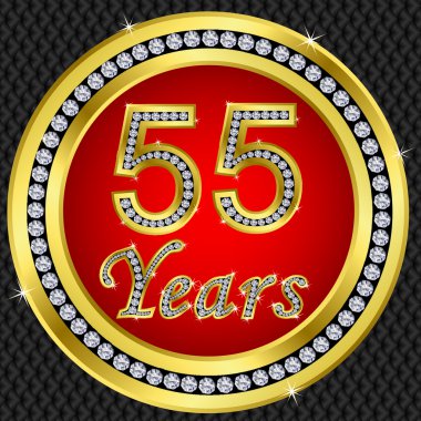 55 years anniversary, happy birthday golden icon with diamonds, vector illu clipart