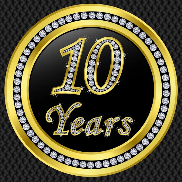 10 anni anniversario, felice compleanno icona d'oro con diamanti, vettore illu — Vettoriale Stock
