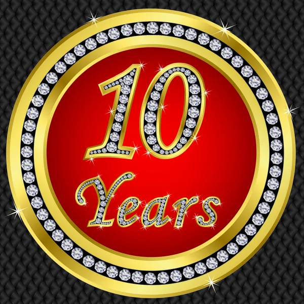10 Jahre Jubiläum, Happy Birthday goldene Ikone mit Diamanten, Vektor illu — Stockvektor