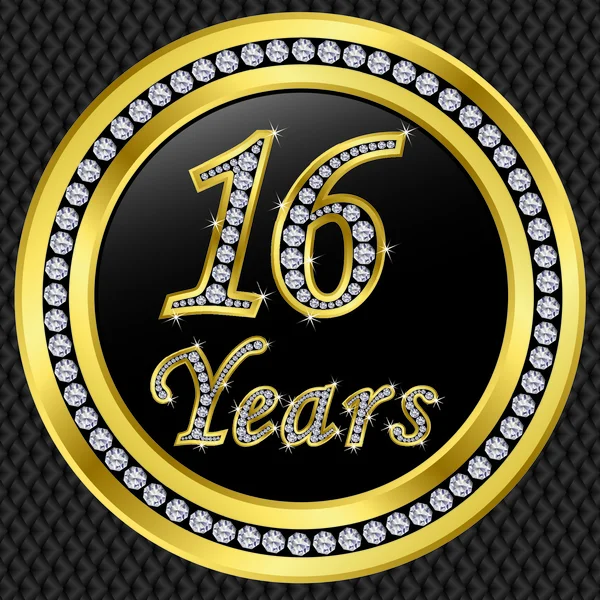 16 years anniversary, happy birthday golden icon with diamonds, vector illu — Stock Vector