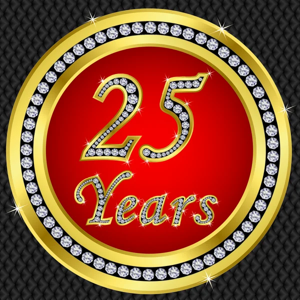 25 anni anniversario, felice compleanno icona d'oro con diamanti, vettore illu — Vettoriale Stock