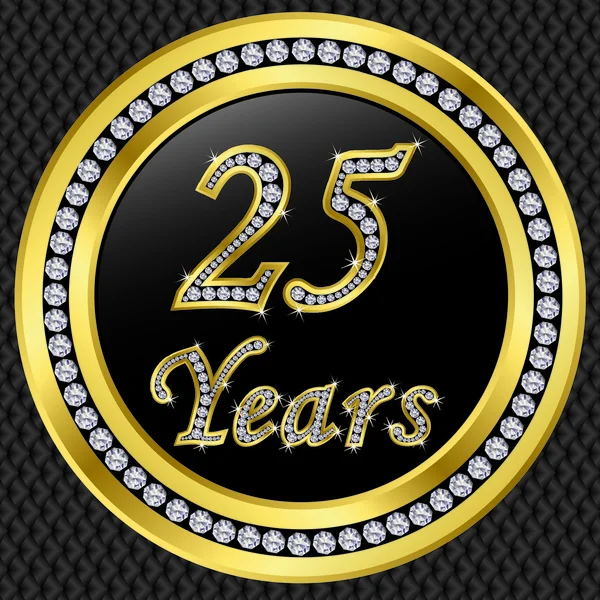 25 anos de aniversário, feliz aniversário ícone de ouro com diamantes, vetor illu — Vetor de Stock