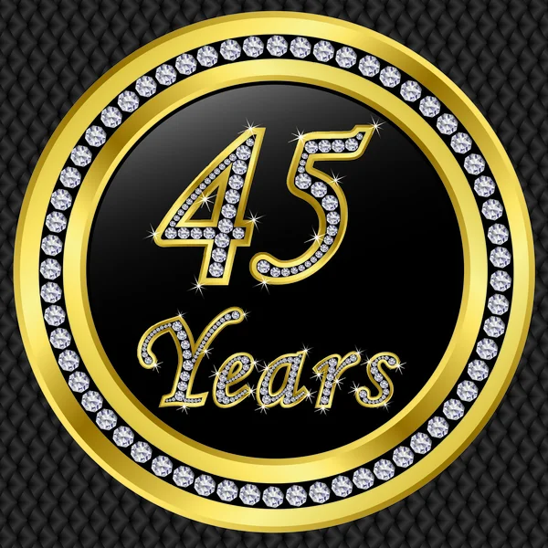 45 years anniversary, happy birthday golden icon with diamonds, vector illu — Stock Vector