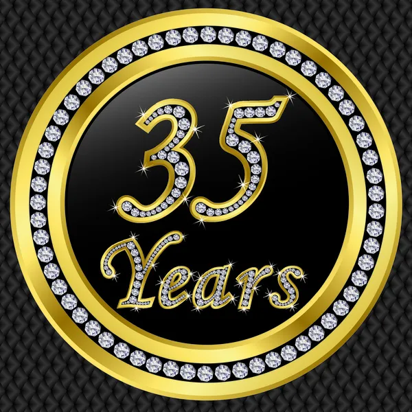 35 years anniversary, happy birthday golden icon with diamonds, vector illu — Stock Vector