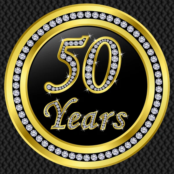 50 rocznica, ikona szczęśliwy urodziny złoty z diamentami, pokazanego wektor — Wektor stockowy