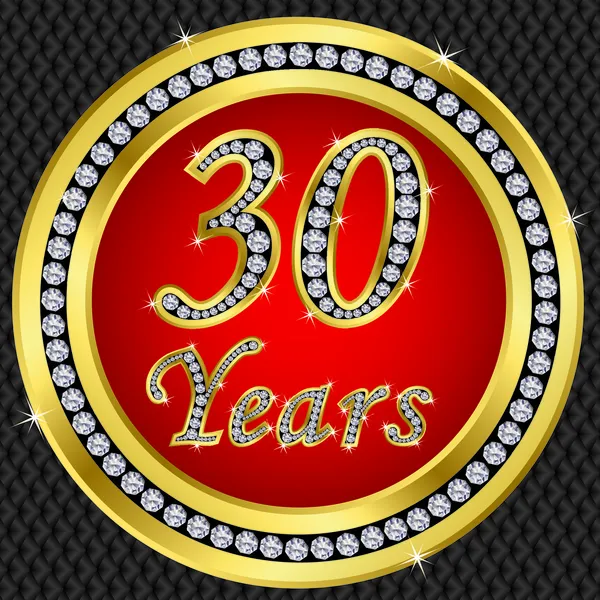 30 Jahre Jubiläum, Happy Birthday goldene Ikone mit Diamanten, Vektor illu — Stockvektor