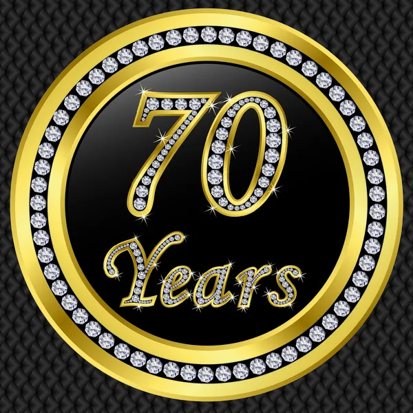 70 anos de aniversário, feliz aniversário ícone dourado com diamantes, vetor illu — Vetor de Stock